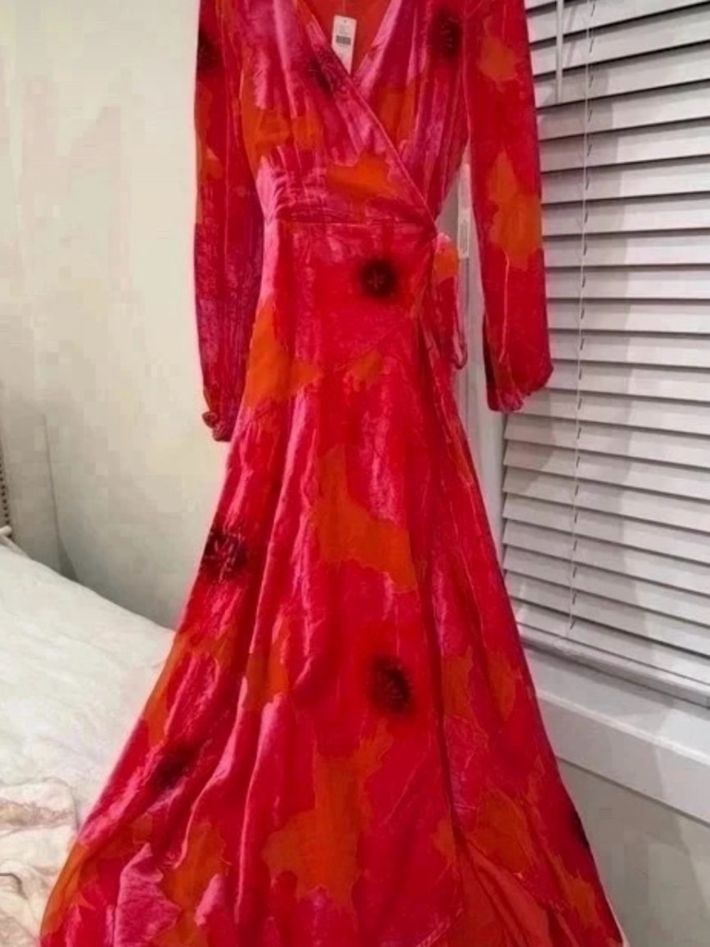 Red Floral Wrap Maxi Dress with Tie Waist